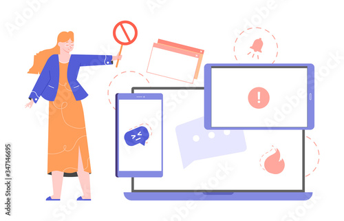 Informational and digital detox. Girl with a prohibition sign and devices. Smartphone, tablet and laptop. Refusal to use the Internet and social networks. Vector flat illustration.
