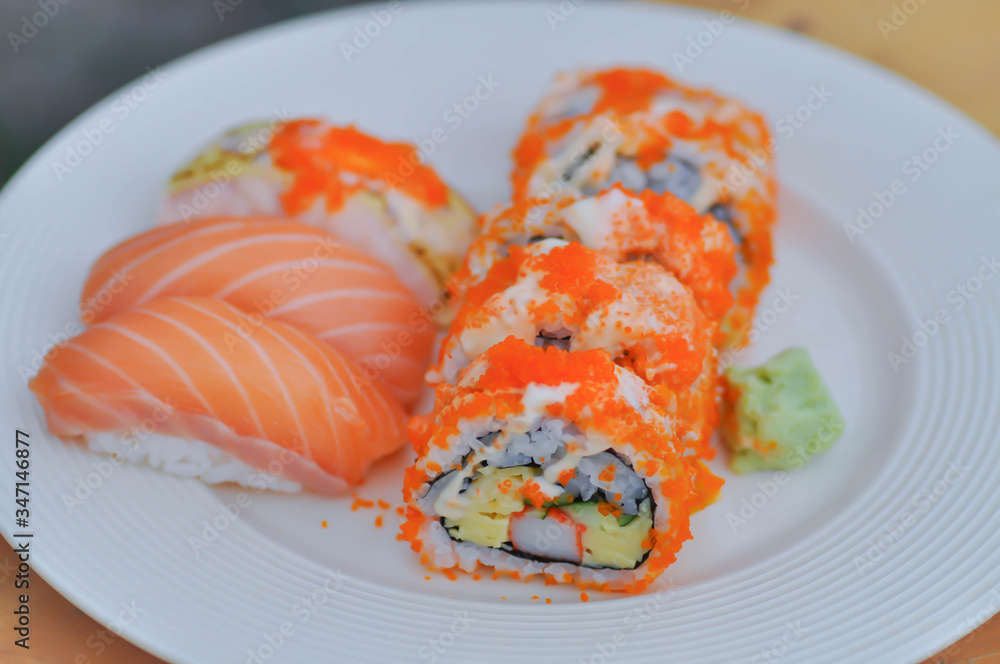 california maki , Japanese roll or rice roll and sushi california maki , Japanese roll or rice roll and sushi