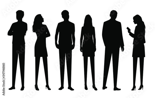 Set of vector silhouettes of  men and a women, a group of standing business people, with smart phone, black color isolated on white background
