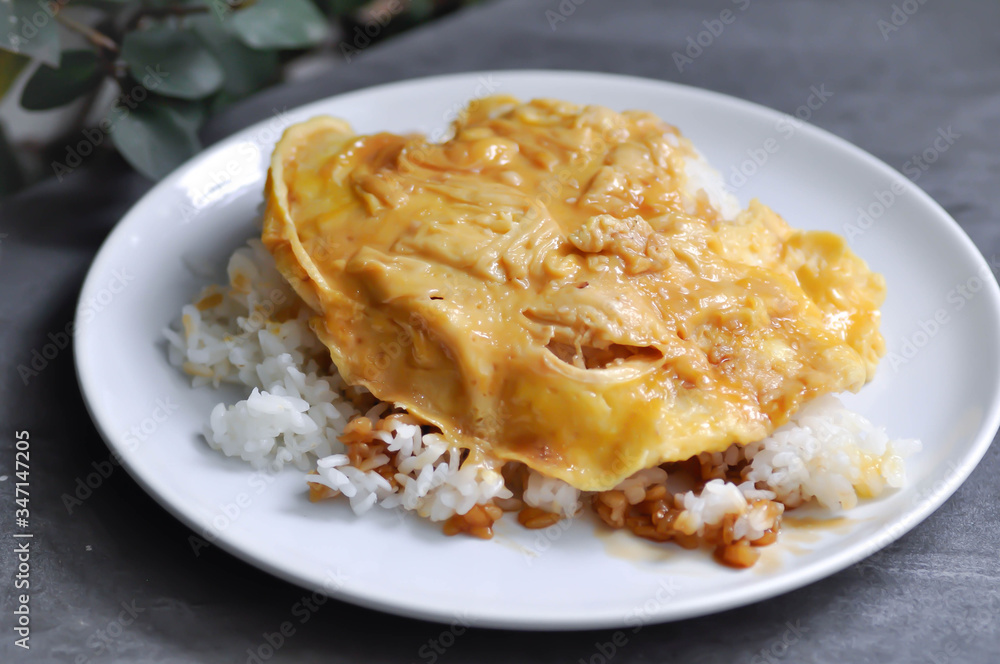 omelette, omelet or deep fried egg and rice