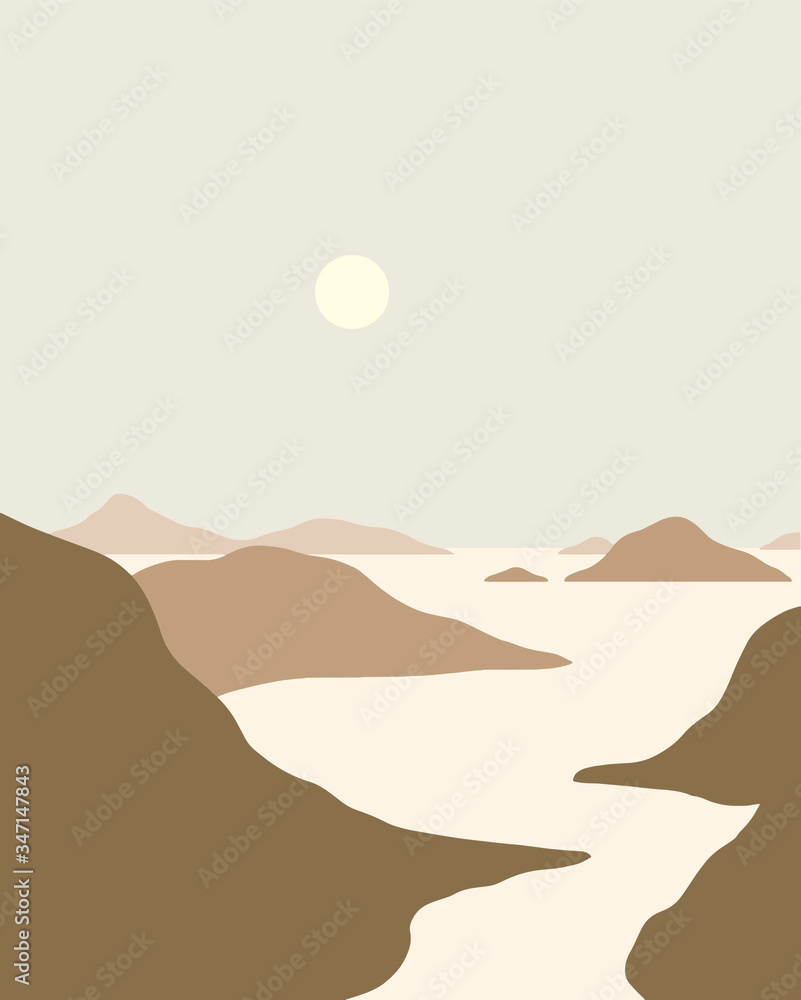 minimalist landscape, mountains and river scenery, neutral colors brown and beige color palette, vector illustration