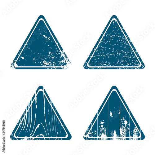 Triangle road sign with grunge effect. Four emblems with different textures - wooden, iron, board. Vector illustration with surface in retro style for text, print or character. Vintage stamp template.