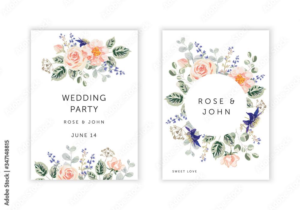 Wedding cards design. Pink rose flowers, green, gray leaves bouquets, round frame, white background. Vector illustration. Romantic floral arrangements. Invitation template Wedding cards design. Pink rose flowers, green, gray leaves bouquets, round frame, white background. Vector illustration. Romantic floral arrangements. Invitation template