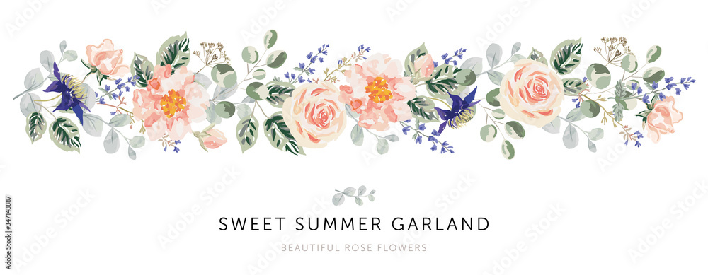 Pink rose flowers, forest green, gray leaves garland, white background. Wedding invitation banner. Vector illustration. Floral arrangement. Design template greeting card Pink rose flowers, forest green, gray leaves garland, white background. Wedding invitation banner. Vector illustration. Floral arrangement. Design template greeting card