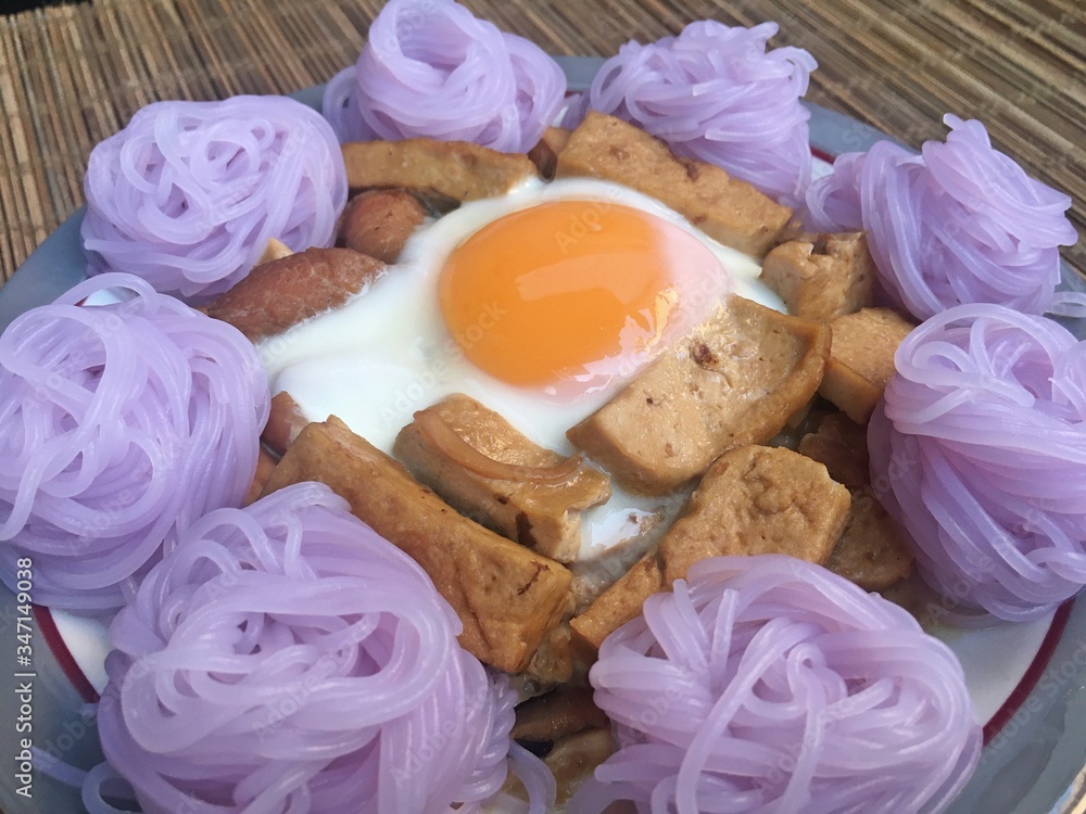 Purple Rice Noodles with Tofu Fried sauce and egg fried