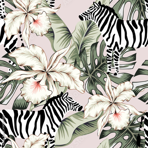 Tropical zebra, orchid flowers, green palm leaves, light background. Vector seamless pattern. Jungle illustration. Exotic plants, animals. Summer floral design. Paradise nature