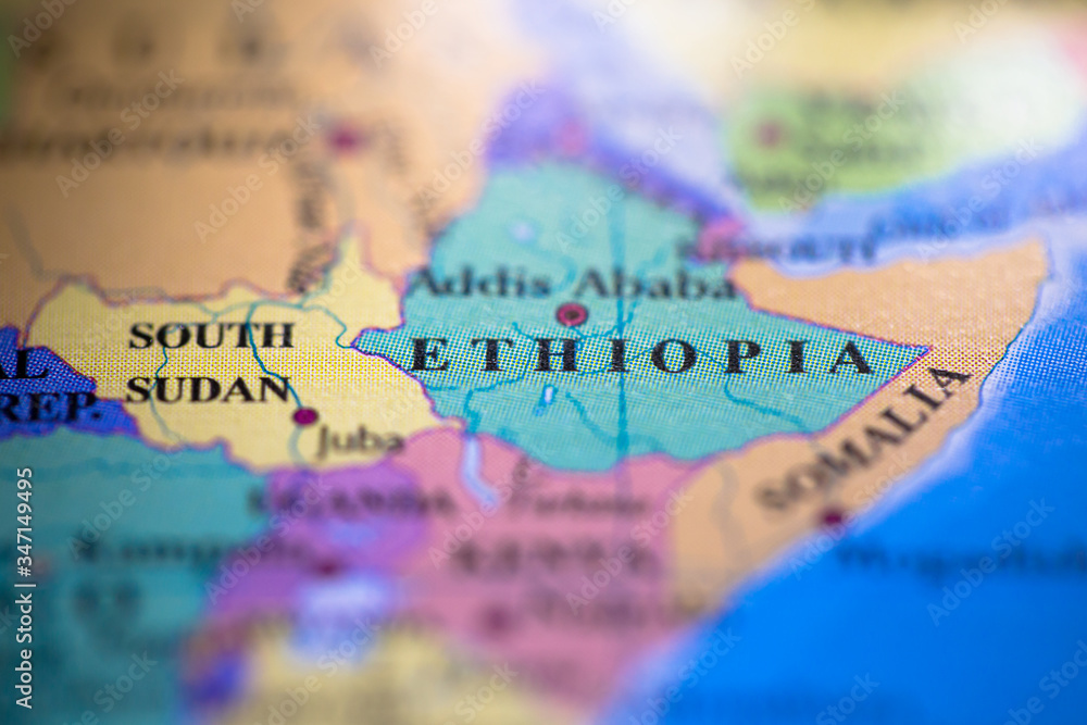 Geographical map location of country Ethiopia in Africa continent on atlas