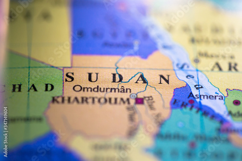 Geographical map location of country Sudan in Africa continent on atlas