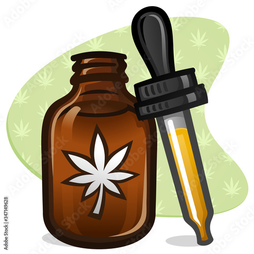 A small amber colored bottle of cbd cannabis oil with a sticker and rubber dropper vector illustration