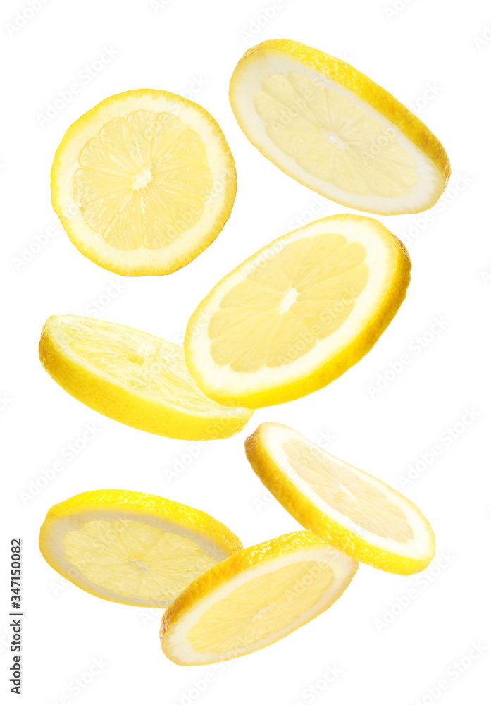 Set of falling delicious lemons on white background Set of falling delicious lemons on white background