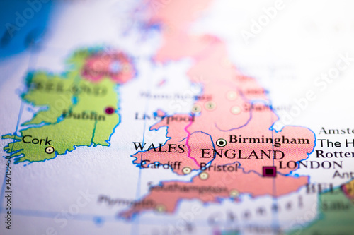 Geographical map location of United Kingdom England Wales Scotland Ireland in Europe continent on atlas