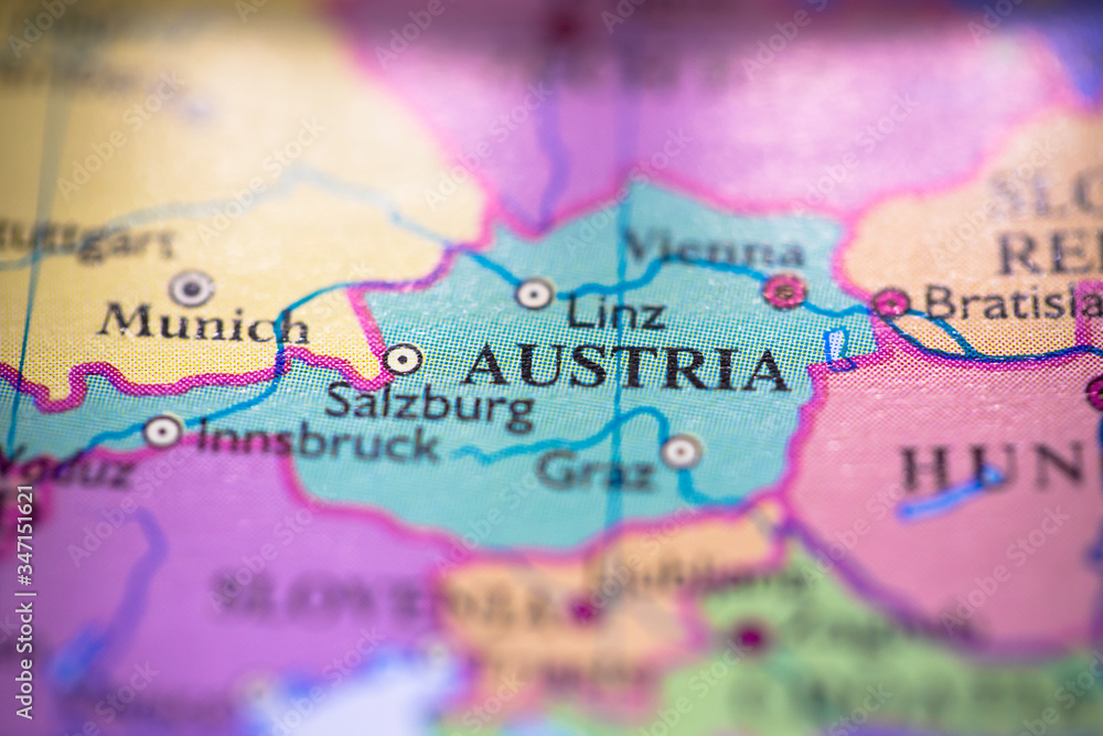 Geographical map location of country Austria in Europe continent on atlas Geographical map location of country Austria in Europe continent on atlas