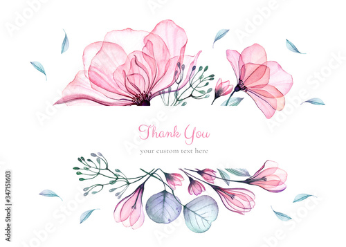 Watercolor floral card template. Bouquet with big pink roses, turquoise leaves. Thank you custom text. Isolated hand drawn illustration with abstract background for logo, wedding stationery