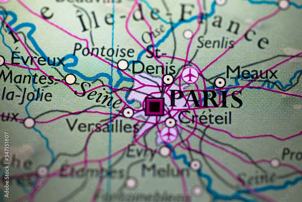 Geographical map location of Paris city in France Europe continent on atlas