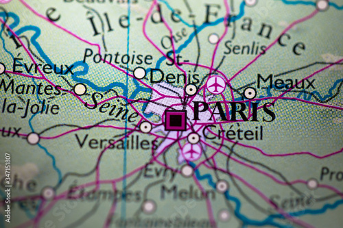 Geographical map location of Paris city in France Europe continent on atlas
