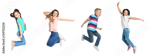 Collage of jumping schoolchildren on white background. Banner design