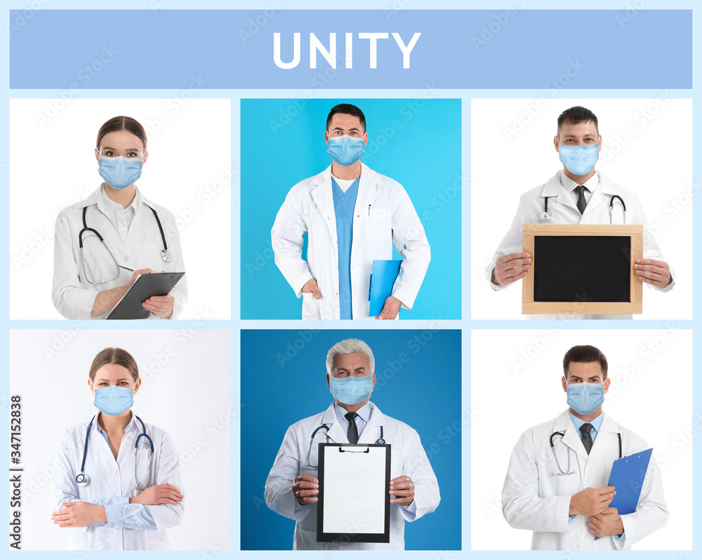 Unity concept. Collage with team of doctors wearing medical masks Unity concept. Collage with team of doctors wearing medical masks