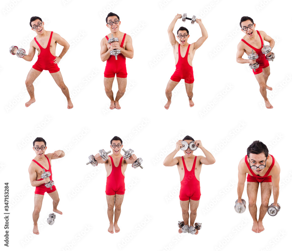 Funny guy with dumbbels on white Funny guy with dumbbels on white
