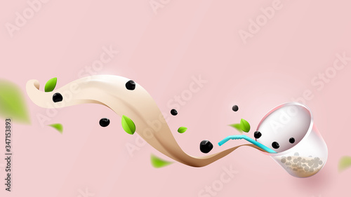 Bubble milk tea and splashing milk in composition of 3D. Vector illustration