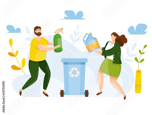 Modern vector illustration of cute people putting rubbish in trash bin. People sorting each type of garbage into the trash. Environmental protection. Ecology concept. Waste separation. Recycle thrash.