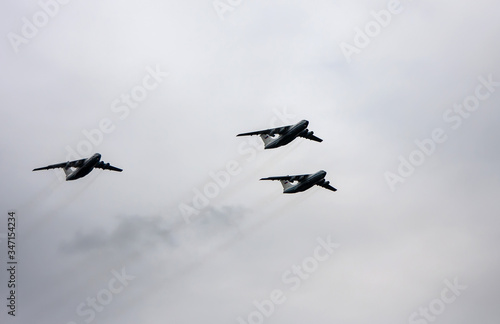 Combat aircraft fly in formation on May 9 Victory Parade