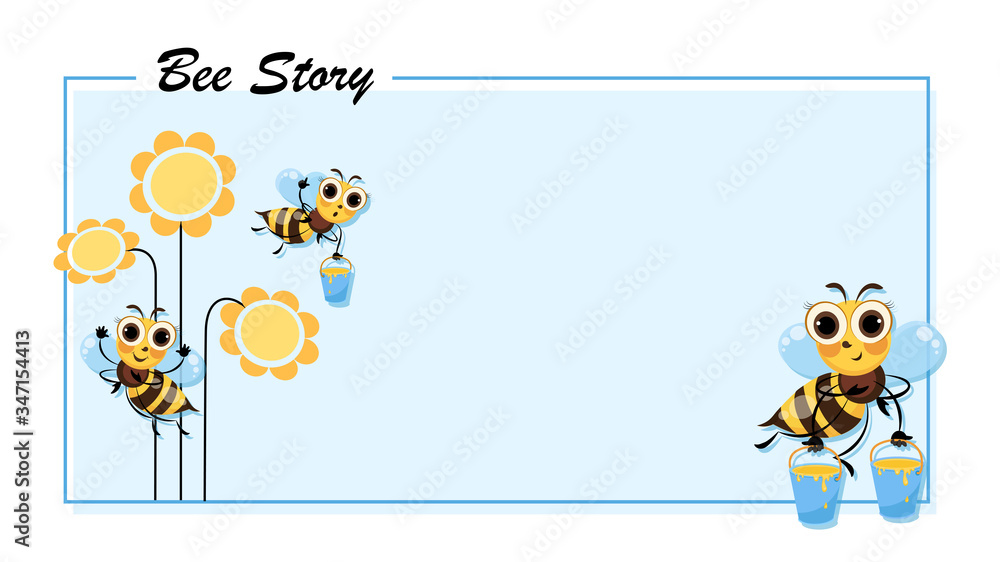 Bee Story. Flowers. Swarm of bees collects honey. Poster with cute cartoon characters. Bee Story. Flowers. Swarm of bees collects honey. Poster with cute cartoon characters.