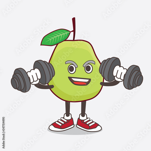 Guava Fruit cartoon mascot character on fitness exercise trying barbells