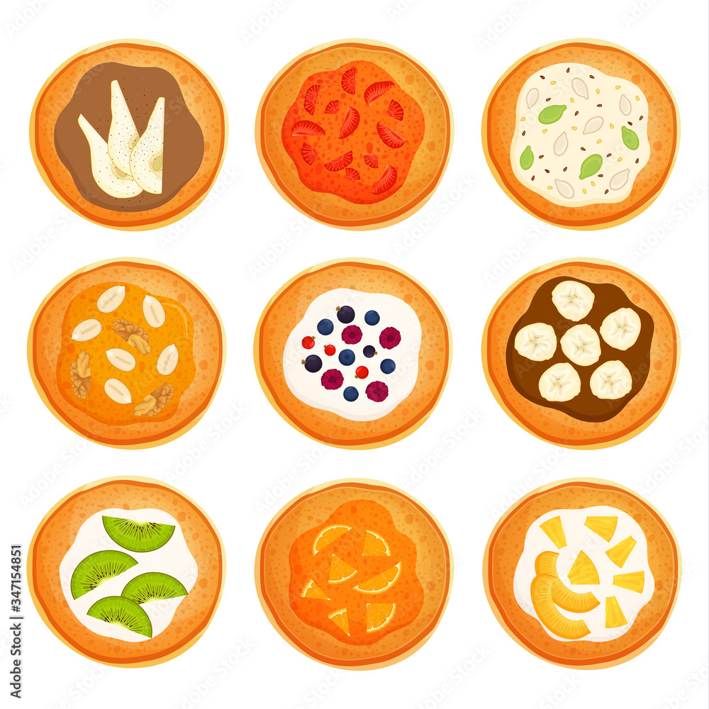 Set of pancakes isolated on a white background. Traditional breakfast top view. Pancake with syrup, chocolate, fruit, jam and other filling. Vector illustration in vector style. Template for the menu.