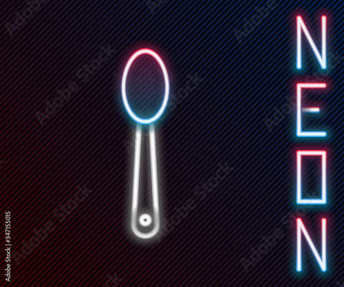 Glowing neon line Heroin in a spoon icon isolated on black background. Concept of drug addiction and dependence from the narcotic. Junkie lifestyle. Colorful outline concept. Vector Illustration