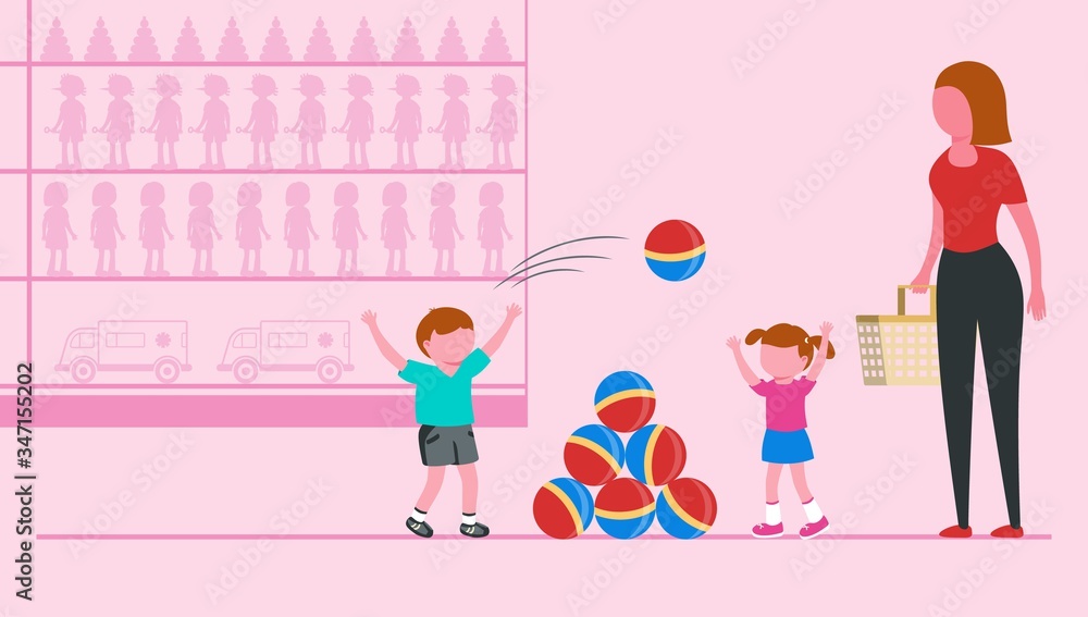 Shopping with children. Boy and girl play a ball in a toy market. Stall or showcase with kids or children toys. Mom with a basket is watching children. Vector illustration Shopping with children. Boy and girl play a ball in a toy market. Stall or showcase with kids or children toys. Mom with a basket is watching children. Vector illustration