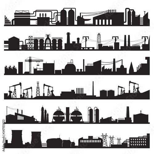 Set of industrial city view black silhouettes isolated on white. Plant, factory panorama pictograms.