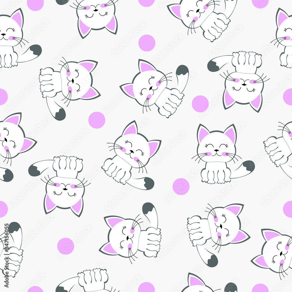 pattern. cute white cat with closed eyes. vector illustration. print