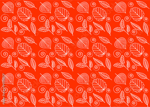 Vector autumn seamless pattern, leaves on orange background, outline leaves, line art, outline illustration, assortment leaves white line silhouette