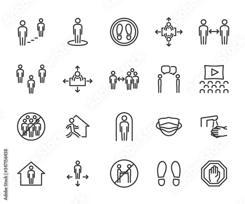 Vector set of social distance line icons. Contains icons safe distance, self-isolation, avoiding crowds, stay home, talking at a distance, safe workplace, and more. Pixel perfect.