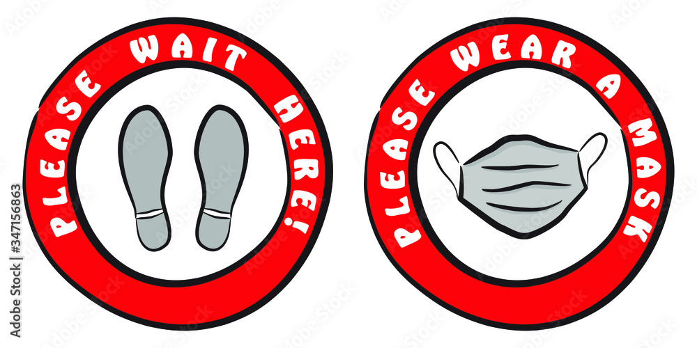 Vector of footprint and mask in a red circle and black stroke with text. Illustrations for printing on the floor and glass. The concept of social distance. Protection from Covid-19 Vector of footprint and mask in a red circle and black stroke with text. Illustrations for printing on the floor and glass. The concept of social distance. Protection from Covid-19