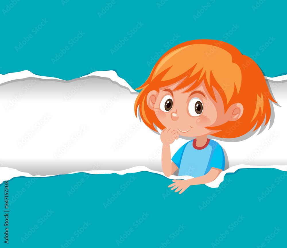 Background template design with happy girl on blue paper Background template design with happy girl on blue paper