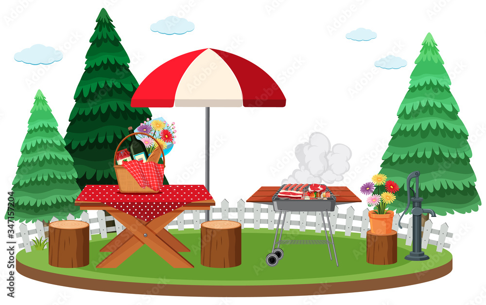 Scene with BBQ and lunch on the table in the park