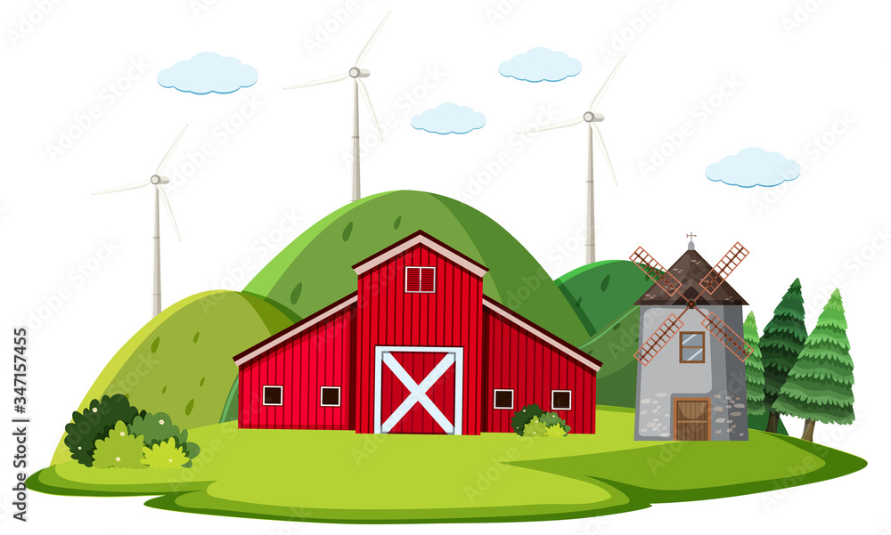 Scene with red barn and windmill on the farm Scene with red barn and windmill on the farm