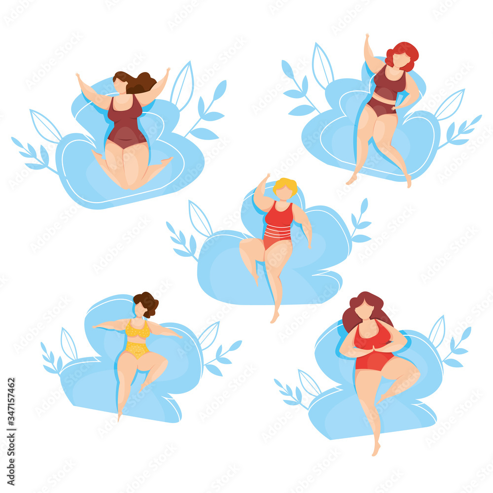 Set of Vector happy plus size model girl. Curvy women female character. Body positive and active healthy lifestyle. Girl power. Female freedom. Love your body and stay positive. Feminism. Set of Vector happy plus size model girl. Curvy women female character. Body positive and active healthy lifestyle. Girl power. Female freedom. Love your body and stay positive. Feminism.