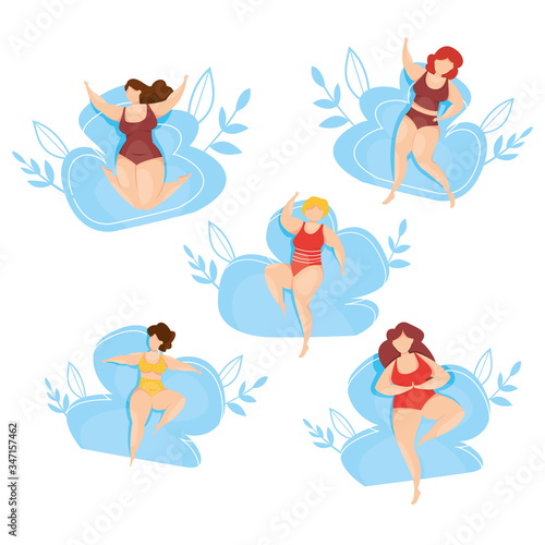 Set of Vector happy plus size model girl. Curvy women female character. Body positive and active healthy lifestyle. Girl power. Female freedom. Love your body and stay positive. Feminism.