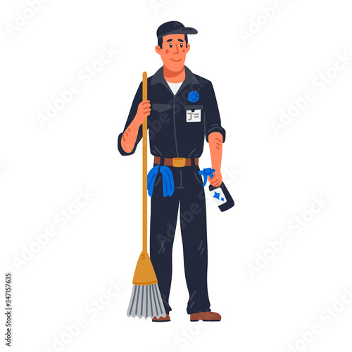 janitor - male janitor in black uniform holding mop. Cleaning service and hospital disinfection. Flat style vector illustration on white background.
