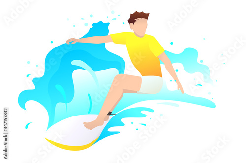 Vector illustration of surfer riding on surfboard. Sport concept
