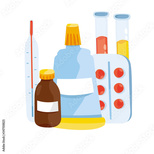 Modern vector illustration of different medical pills and bottles. Pharmacy concept. Drugs, tablet, capsules, liquids and blisters.