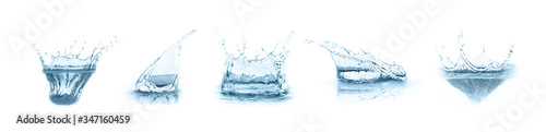 Set with clear water splashes on white background. Banner design