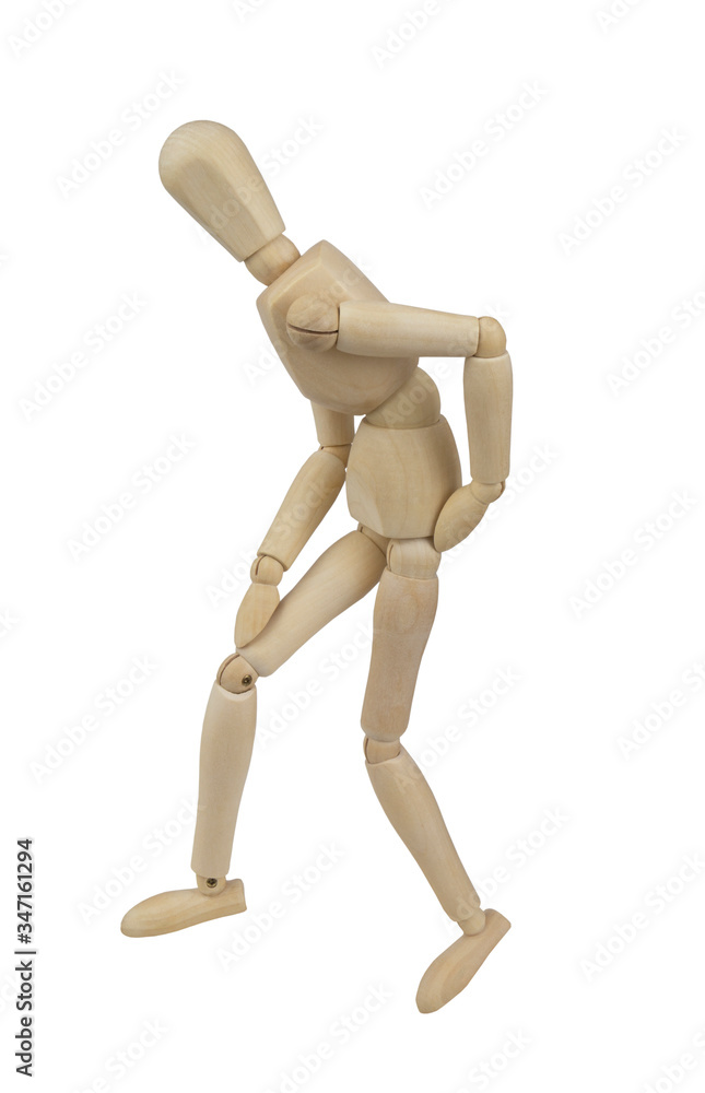 Wooden mannequin imitating backache and knee sickness isolated on white background Wooden mannequin imitating backache and knee sickness isolated on white background