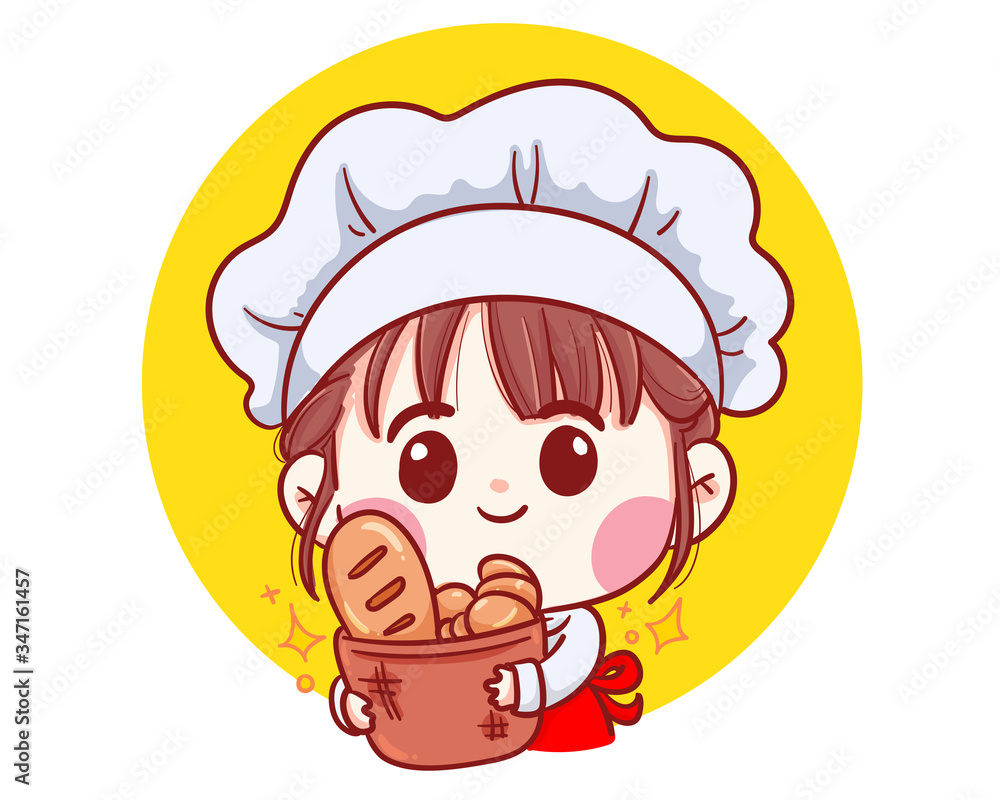 Cute Bakery chef girl Carrying bread smiling cartoon art illustration. Premium Vector Stock Vector | Adobe Stock Cute Bakery chef girl Carrying bread smiling cartoon art illustration. Premium Vector Stock Vector | Adobe Stock
