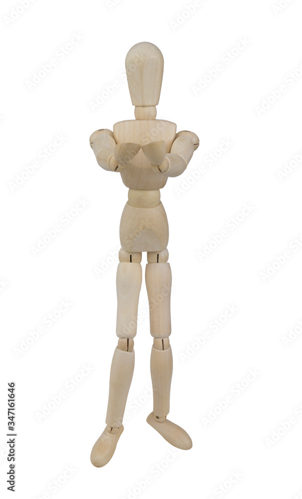 Wooden mannequin with connected hands for holding object isolated on white background Wooden mannequin with connected hands for holding object isolated on white background