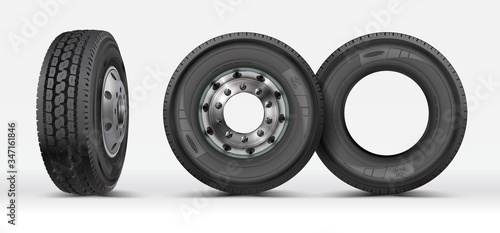 Front view, side view of a heavy truck lorry isolated on white. 3D illustration. Tire icon on white background, vector symbol. Rubber tyres. Big new tire for truck. Car wheel.