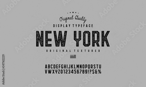 Vintage, octagonal, textured bold font with grunge effect. Vector alphabet letters, typeface.