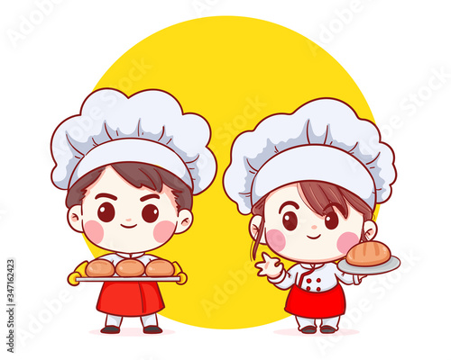 Cute Bakery chef boy and girl Carrying bread smiling cartoon art illustration. Premium Vector